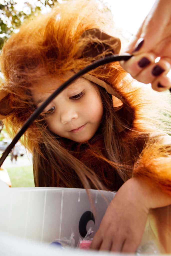 Young boy dressed as a lion reaches into a Halloween bucket of candy