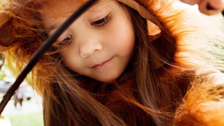 Young boy dressed as a lion reaches into a Halloween bucket of candy
