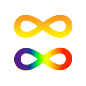 Images of two infinity symbols, a gold one representing Autism Pride and a rainbow one for Neurodivergent Pride