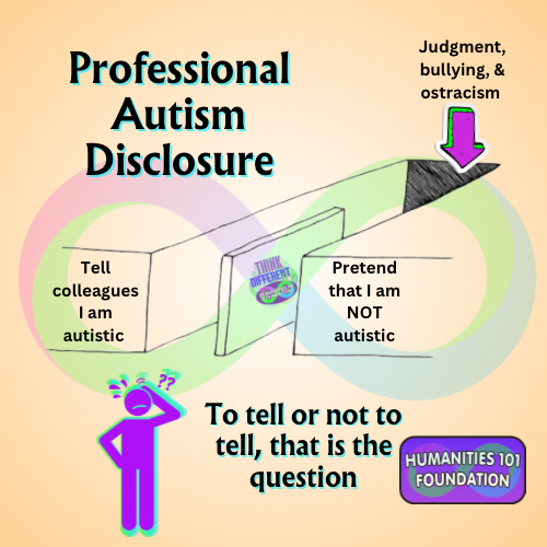 Image of a stick figure wondering if they should disclose their autism or not at work, knowing judgement, bullying, and ostracism awaits them either way.